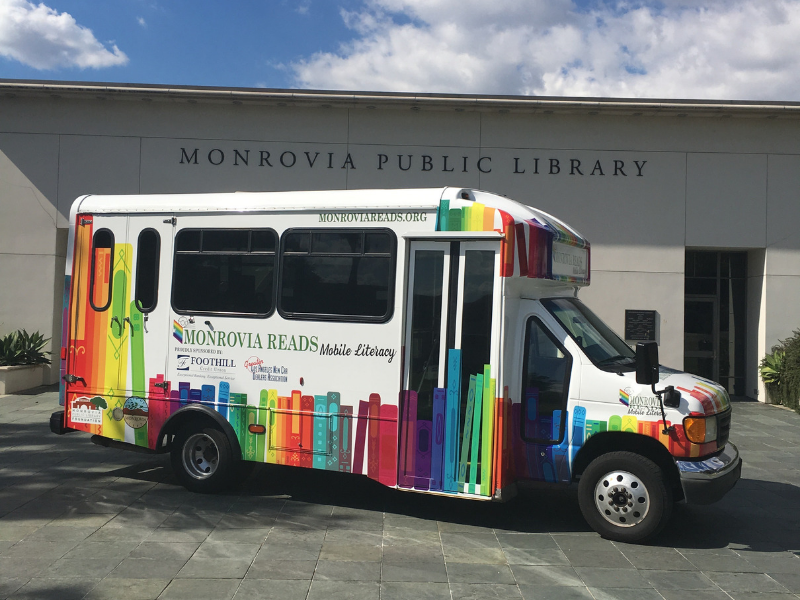 Monrovia Reads Van parked in front of Monrovia Public Library