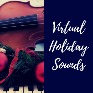 Holiday Sounds, violin on piano with holiday wreath and ornaments