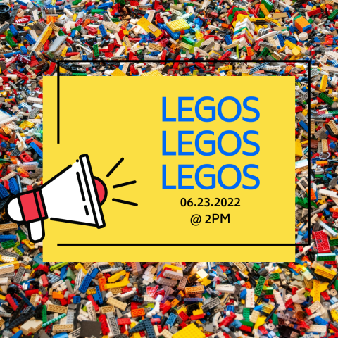LEGOS LEGOS LEGOS with time and date, a megaphone and a LEGO border.