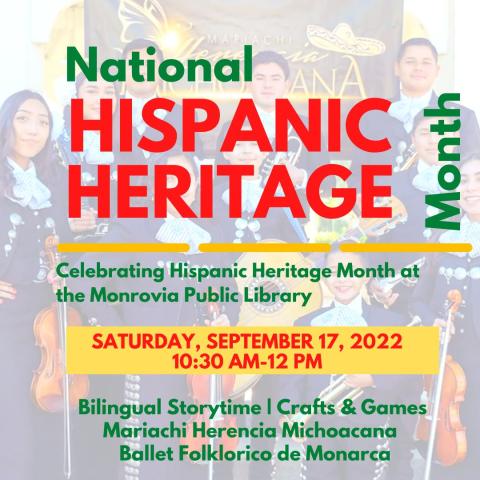 Hispanic Heritage Event, September 17th from 10:30am-12pm. Music, stories and arts and crafts for all ages. 