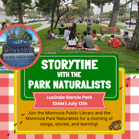 Promotional image for the Storytime with the Park Naturalists event occurring July 13, 2024 from 10:00am to 10:45am at Lucinda Garcia Park.