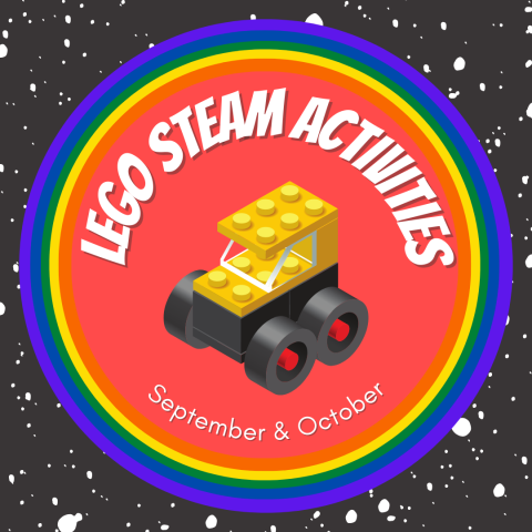 Black background with white blotches and a LEGO Car with text reading "LEGO LEGO STEAM Activities."