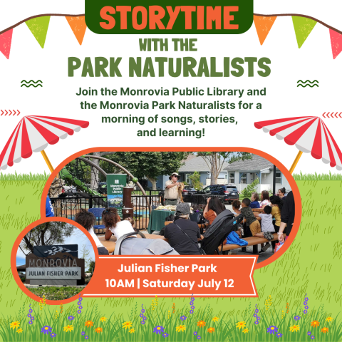 Promotional image for the Storytime with the Park Naturalists event occurring July 12 from 10:00am to 10:45am at Julian Fisher Park.