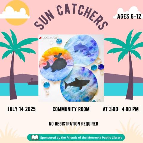 Join us to make homemade sun catchers! From 3-4pm on Monday July 14th in the Story Time room.