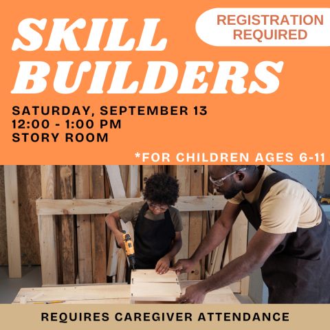 orange graph with man and young child using tools 