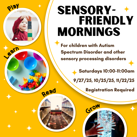 Promotional Image for the Sensory Mornings event, designed for children with Autism Spectrum Disorder and other sensory processing disorders. The event occurs on Saturday, September 27, October 25, and November 22, from 10:00 to 11:00 am. Registration is required.