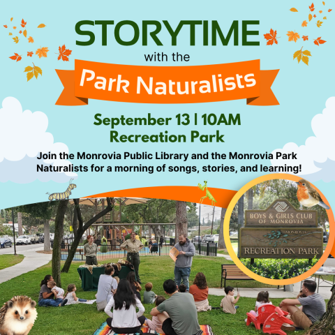 Promotional image for the Storytime with the Park Naturalists event occurring September 13 from 10:00am to 10:45am at Recreation Park.