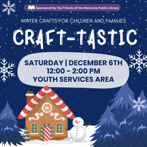 winter craft graphic with blue sky, trees, a gingerbread house, and a snowman