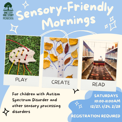 Promotional Image for the Sensory Mornings event, designed for children with Autism Spectrum Disorder and other sensory processing disorders. The event occurs on Saturday, December 27, January 24, and February 28, from 10:00 to 11:00 am. Registration is required.