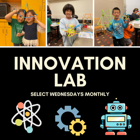 Innovation Lab select Wednesdays every month in the story room. Pictures of children showing off their work.
